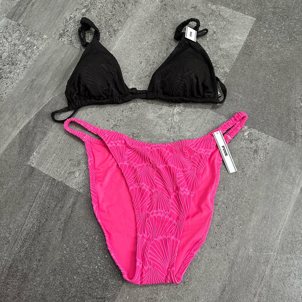 Victoria’s Secret PINK bikini, bathing suit, black top with hot pink bottom. NEW
